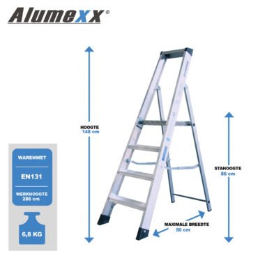 Afmetingen beschrijving van bordestrap van 4 treden: hoogte 148 cm, maximale breedte 50 cm en stahoogte 86 cm.
