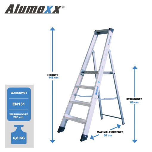 Afmetingen beschrijving van bordestrap van 4 treden: hoogte 148 cm, maximale breedte 50 cm en stahoogte 86 cm.