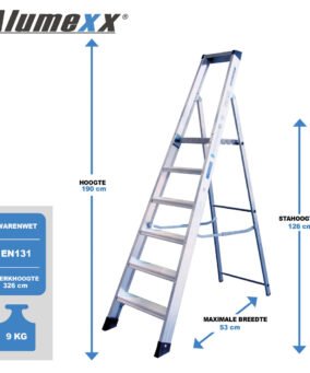 Afmetingen beschrijving van bordestrap van 6 treden: hoogte 190 cm, maximale breedte 53 cm en stahoogte 126 cm.