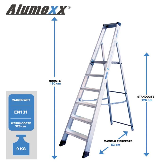 Afmetingen beschrijving van bordestrap van 6 treden: hoogte 190 cm, maximale breedte 53 cm en stahoogte 126 cm.