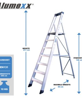 Afmetingen beschrijving van bordestrap van 7 treden: hoogte 211 cm, maximale breedte 55 cm en stahoogte 148 cm.