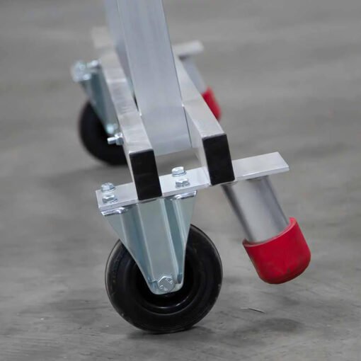 Detailfoto van Eurostairs magazijntrap Easy ingezoomd op de wielen