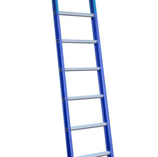 detailfoto van de staanders en sporten enkele ladder blauw gecoat