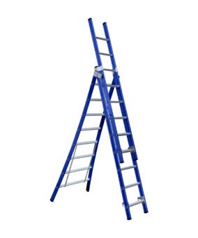 uitgevouwen driedelige ladder met acht sporten