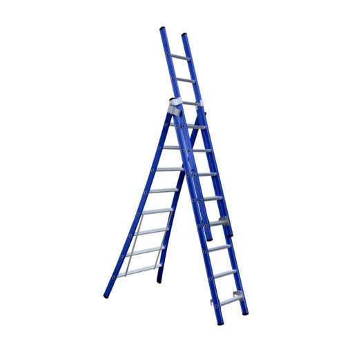 uitgevouwen driedelige ladder met acht sporten