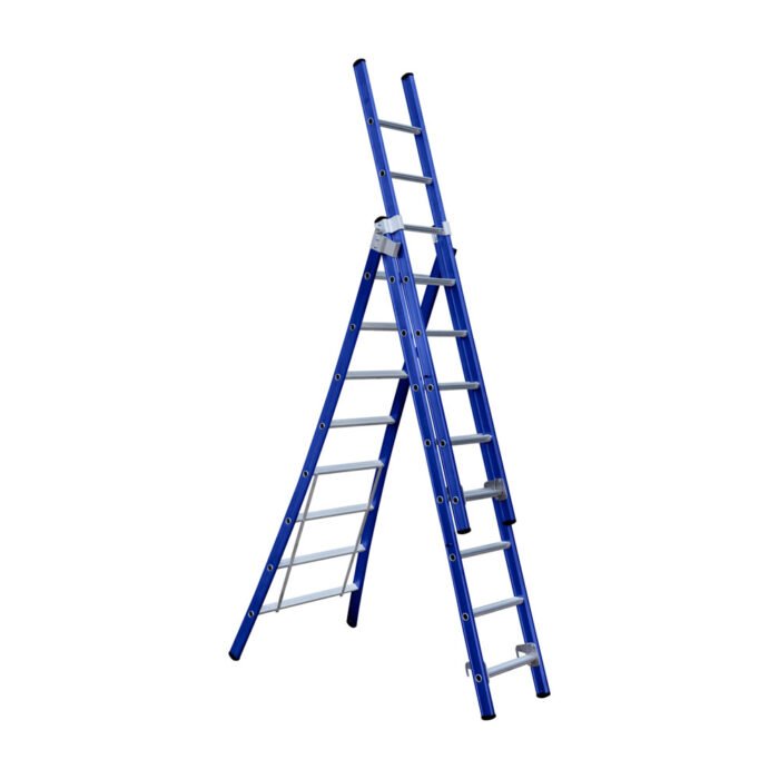 uitgevouwen driedelige ladder met acht sporten