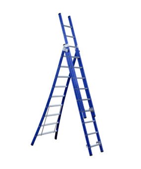uitgevouwen driedelige ladder met negen sporten