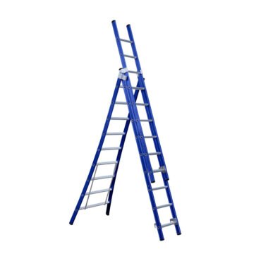 uitgevouwen driedelige ladder met negen sporten